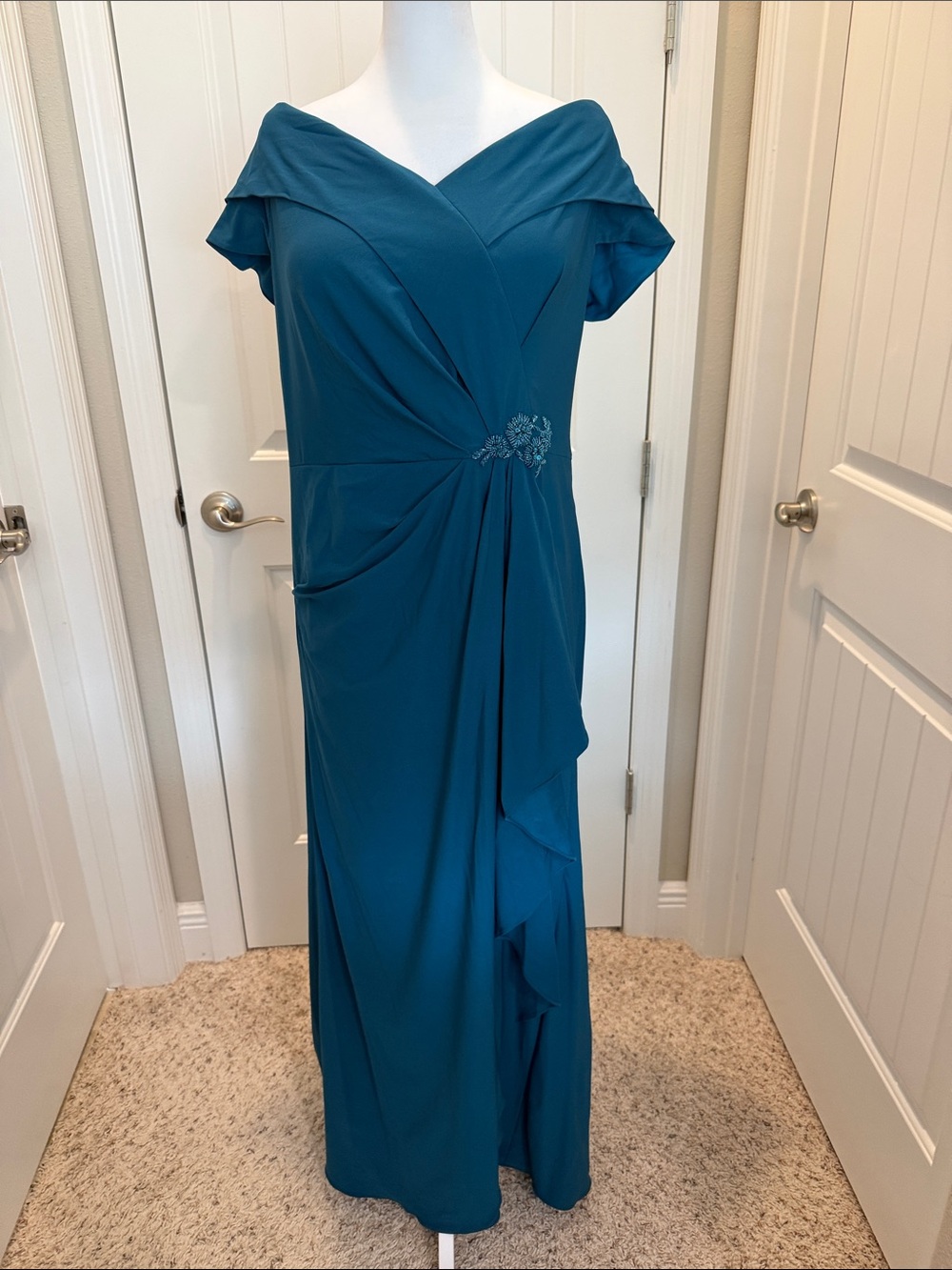 Teal Draped-Back Maxi Dress - Women with matching arm scarf/shawl